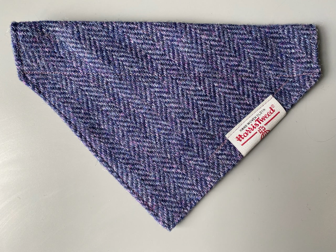 Harris Tweed dog bandana neckerchief in purple and black herringbone chevron pattern. Sizes S M L XL pet scarf