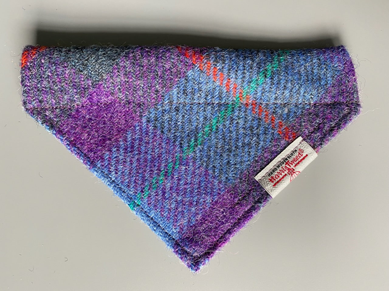 Harris Tweed dog bandana neckerchief in purple and grey check tartan pattern. Sizes S M L XL pet scarf