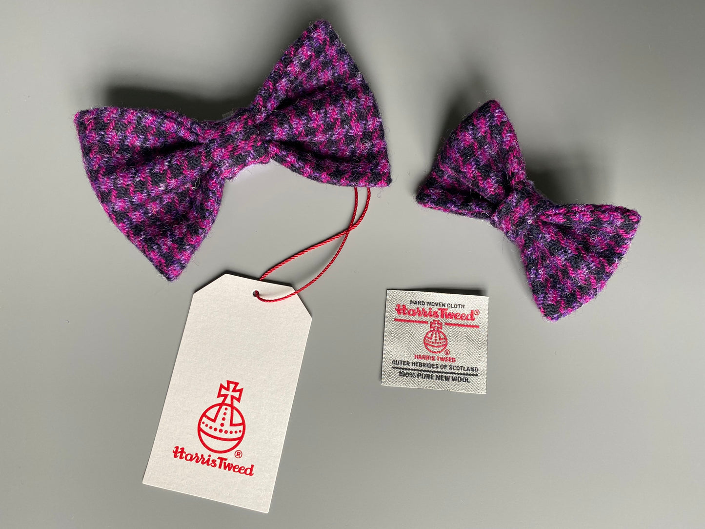 Harris Tweed Dickie Bow Tie Dog Collar charm in purple & pink houndstooth dogtooth check