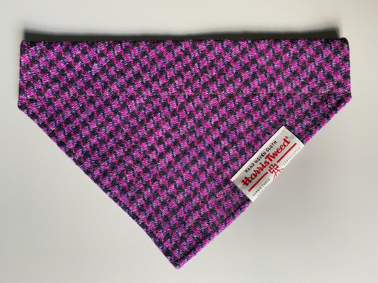 Harris Tweed dog bandana neckerchief in bright pink / purple and black in houndstooth dogtooth check pattern. Sizes S M L XL  pet scarf