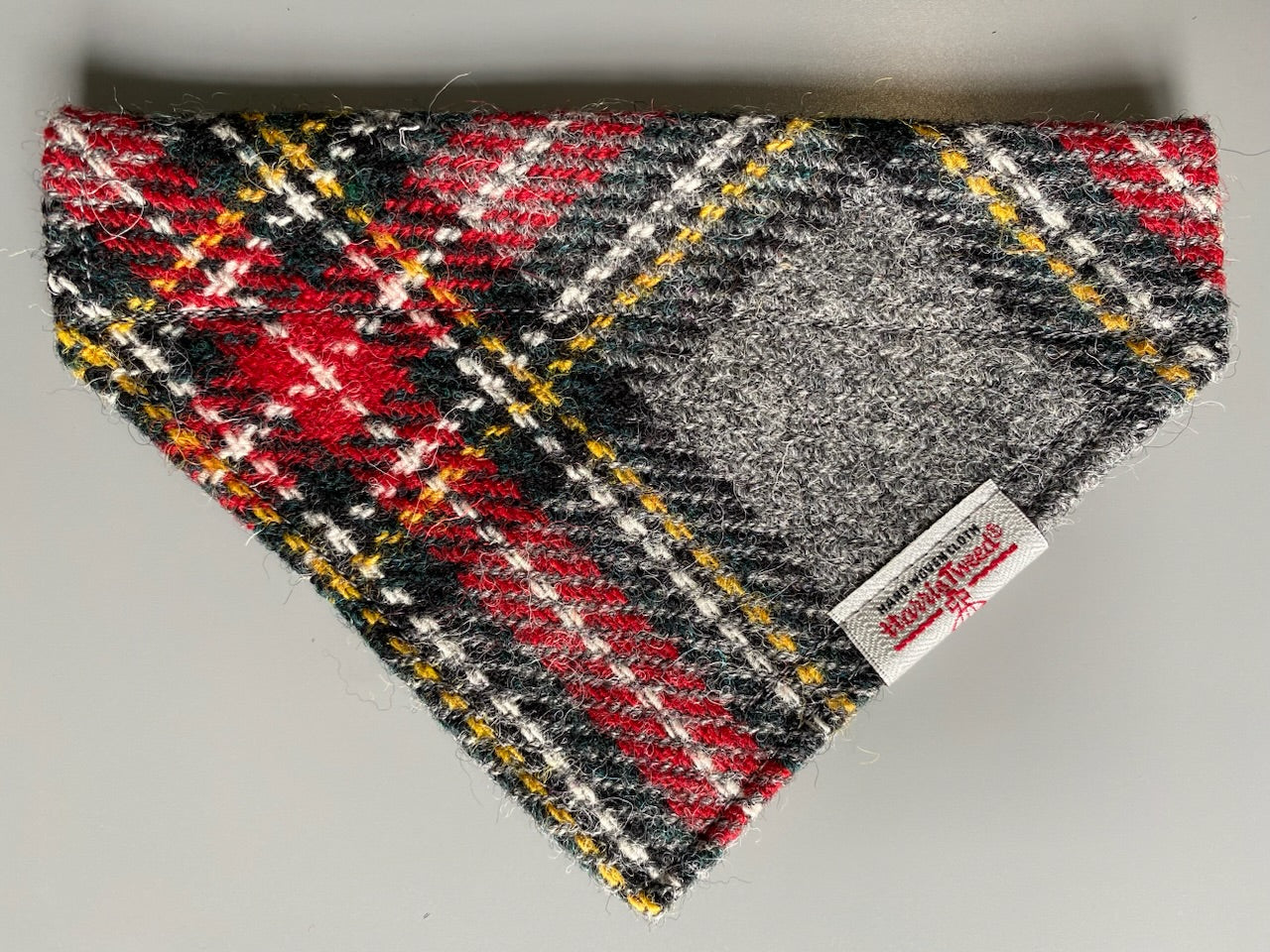 Harris Tweed dog Bandana neckerchief in grey and red check tartan pattern. Size S M L XL pet scarf