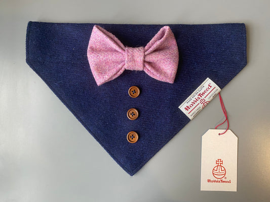 Harris Tweed wedding tux dog bandana neckerchief & bow navy blue pink Sizes S M L XL pet scarf