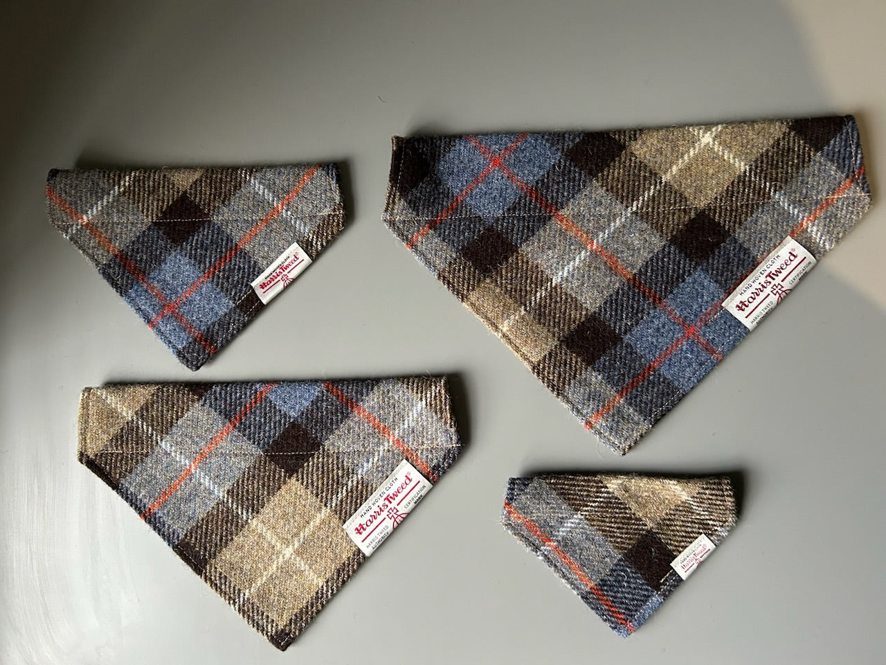 Harris Tweed dog bandana neckerchief in beige, blue & brown check tartan or plaid pattern. Sizes S, M, L + XL pet scarf