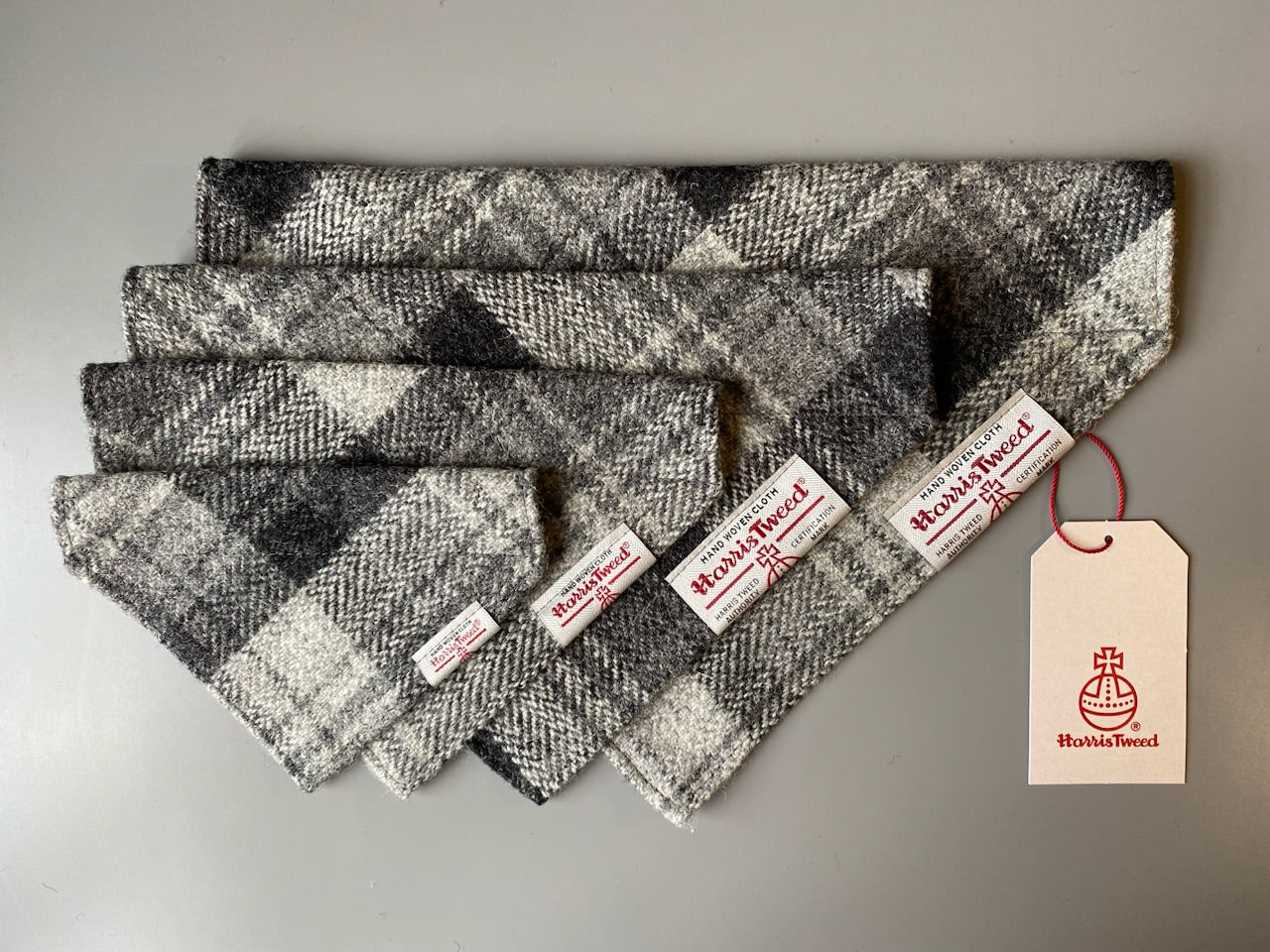 Harris Tweed dog bandana neckerchief in grey check tartan or plaid. Sizes S M L XL pet scarf