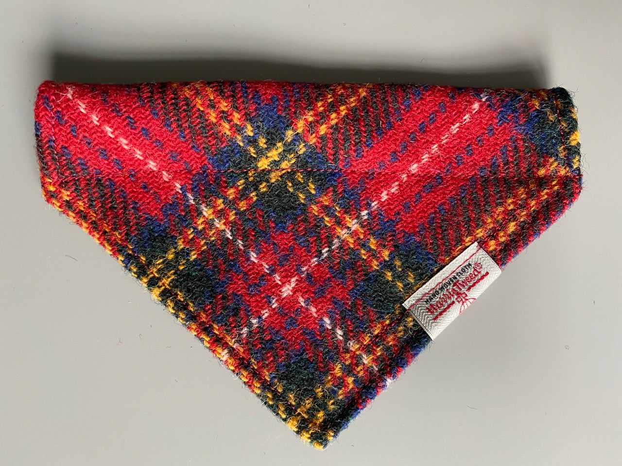 Harris Tweed dog Bandana neckerchief in red yellow blue check tartan pattern. Sizes S M L XL pet scarf