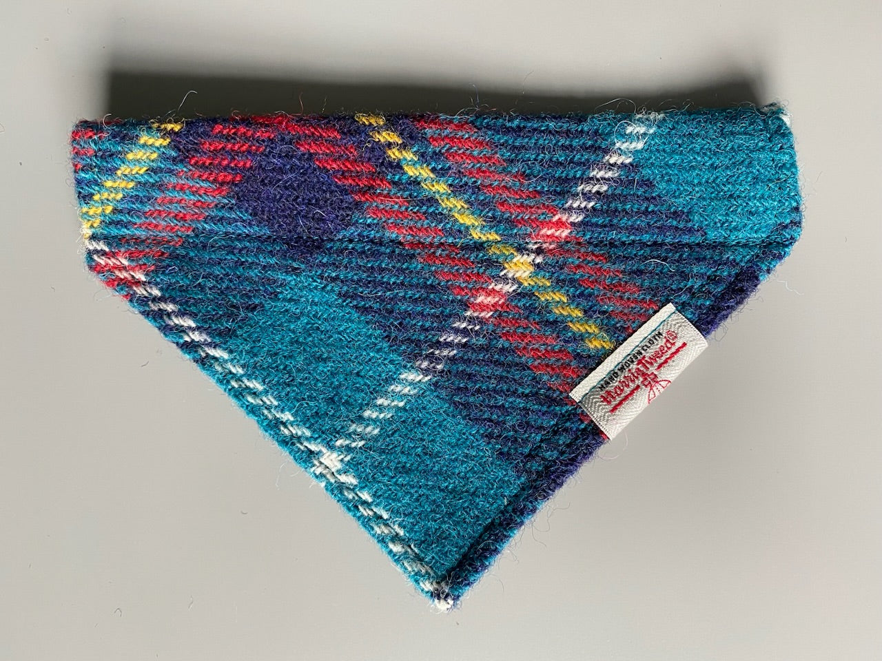 Harris Tweed dog bandana neckerchief in blue and red check / tartan pattern. Sizes S M L XL pet scarf