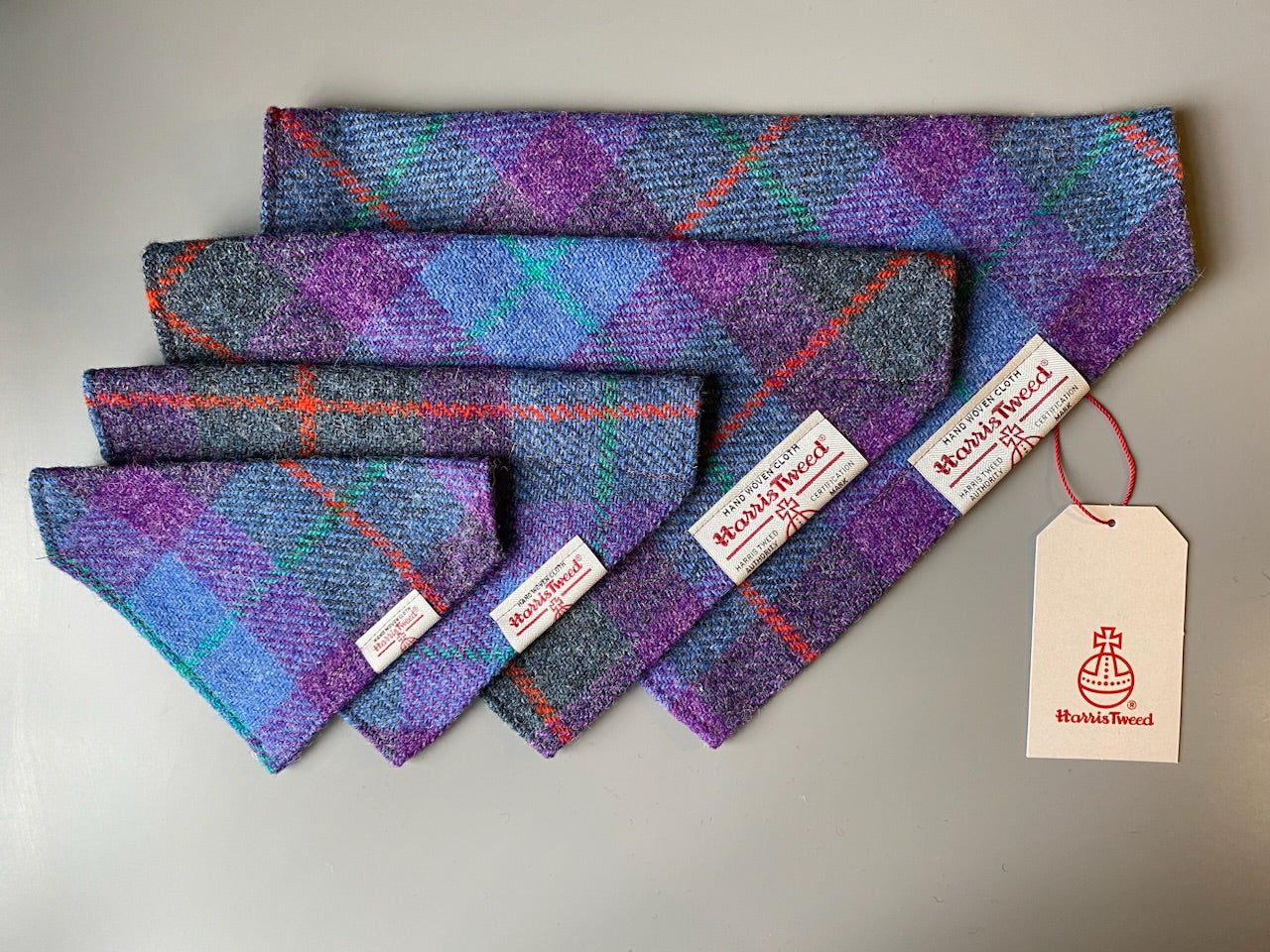 Harris Tweed dog bandana neckerchief in purple and grey check tartan pattern. Sizes S M L XL pet scarf