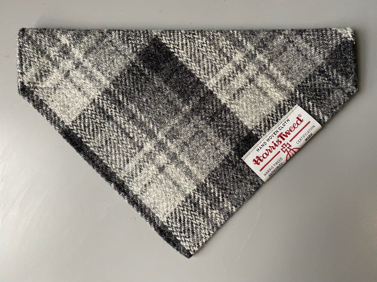 Harris Tweed dog bandana neckerchief in grey check tartan or plaid. Sizes S M L XL pet scarf