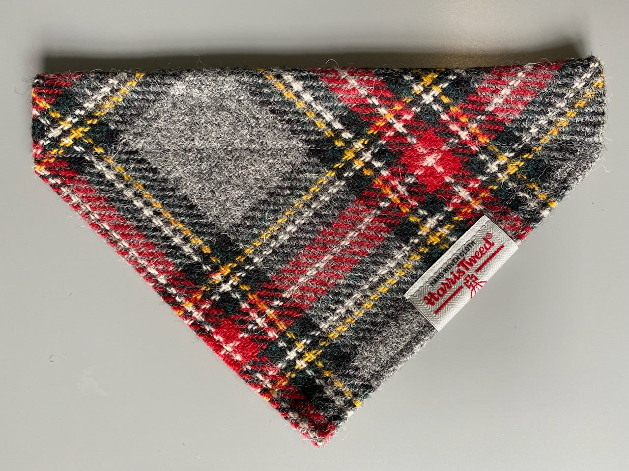 Harris Tweed dog Bandana neckerchief in grey and red check tartan pattern. Size S M L XL pet scarf