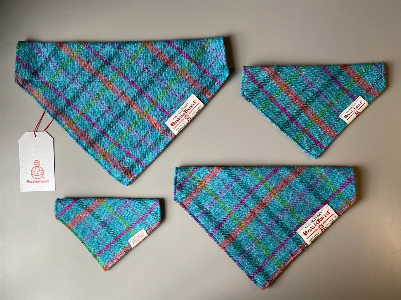 Harris Tweed dog bandana neckerchief in bright sky blue check tartan pattern. Sizes S M L XL pet scarf