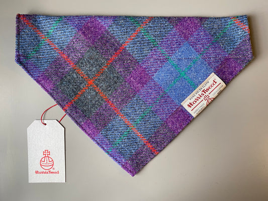 Harris Tweed dog bandana neckerchief in purple and grey check tartan pattern. Sizes S M L XL pet scarf