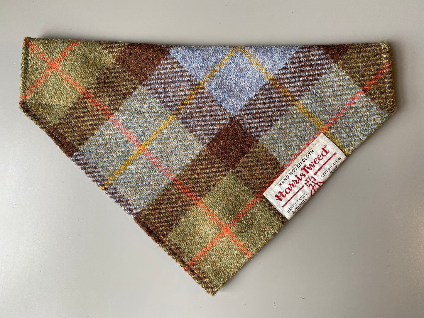 Harris Tweed dog bandana neckerchief in McLeod tartan green, blue & brown check tartan or plaid pattern. Sizes S, M, L + XL pet scarf