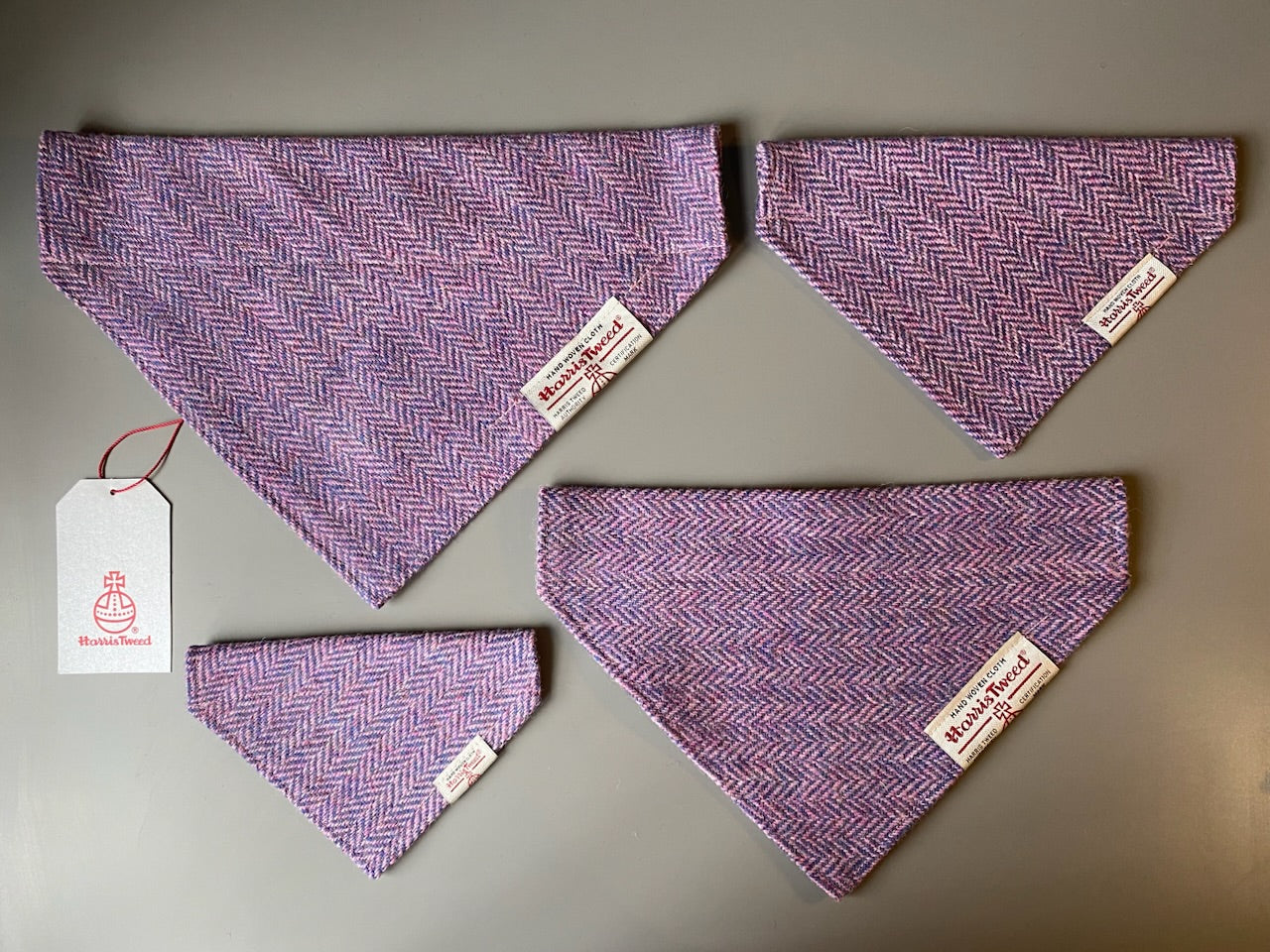 Harris Tweed dog bandana neckerchief in pink Herringbone chevron pattern. Sizes S M L XL pet scarf