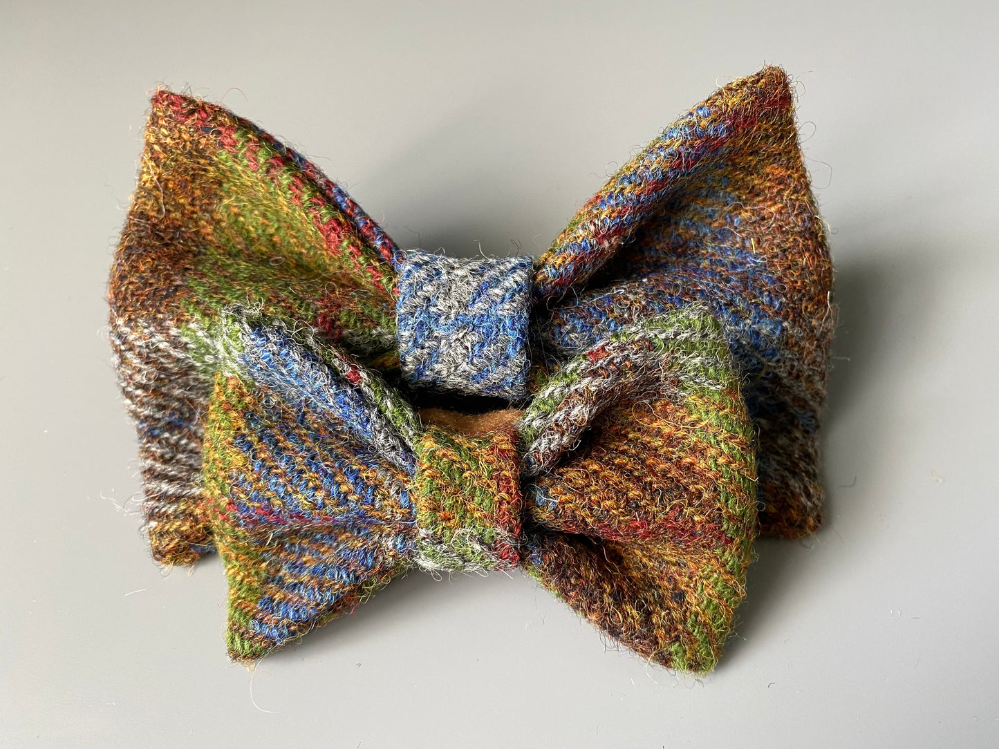 Harris Tweed Dickie Bow Tie Dog Collar Charm Green brown & blue check tartan charm