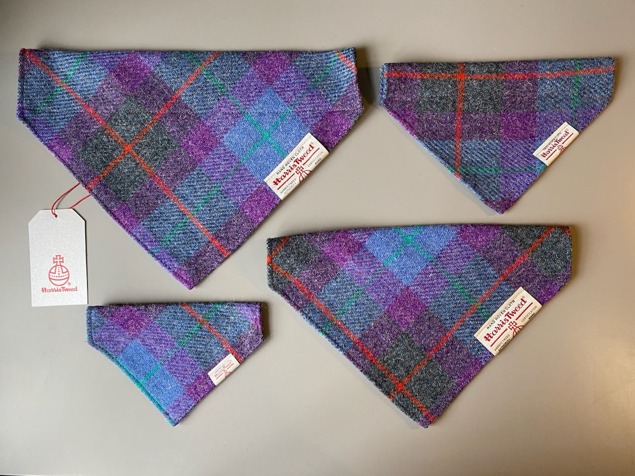 Harris Tweed dog bandana neckerchief in purple and grey check tartan pattern. Sizes S M L XL pet scarf