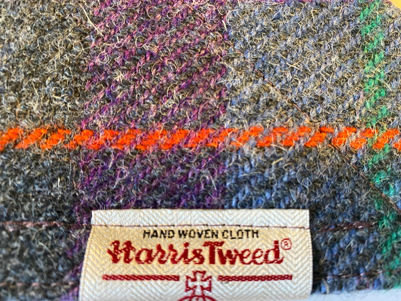 Harris Tweed dog bandana neckerchief in purple and grey check tartan pattern. Sizes S M L XL pet scarf