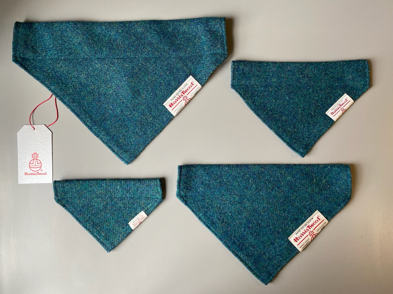 Harris Tweed dog bandana in a plain teal blue / green. Sizes S M L XL pet scarf