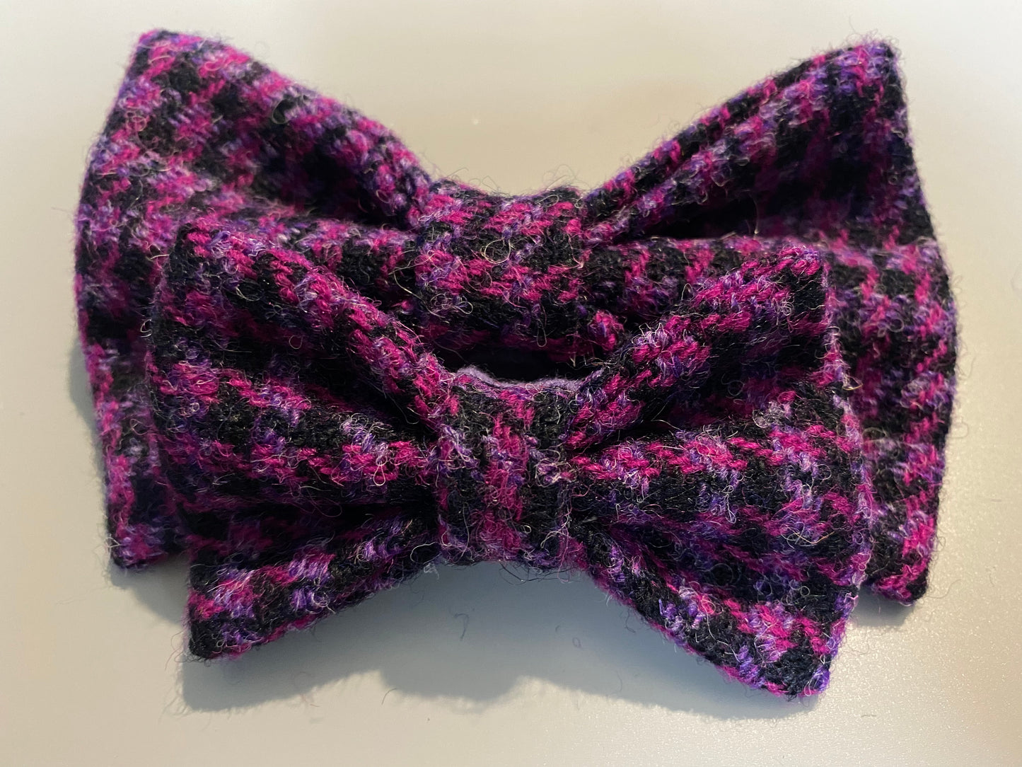 Harris Tweed Dickie Bow Tie Dog Collar charm in purple & pink houndstooth dogtooth check