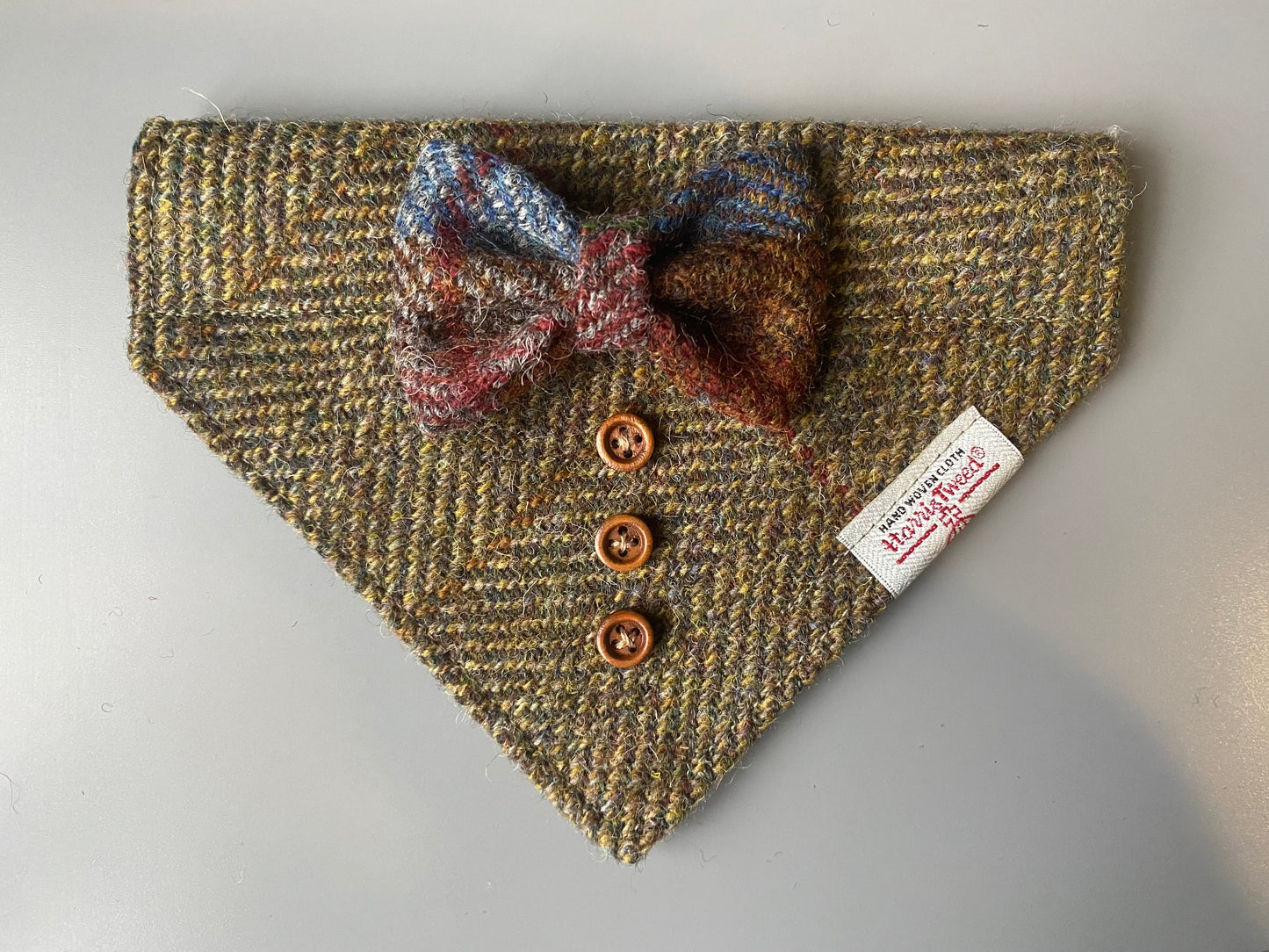 Harris Tweed wedding tux dog bandana neckerchief & bow green herringbone Sizes S M L XL pet scarf