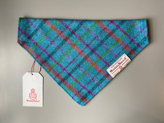 Harris Tweed dog bandana neckerchief in bright sky blue check tartan pattern. Sizes S M L XL pet scarf