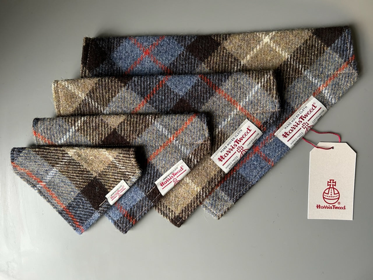 Harris Tweed dog bandana neckerchief in beige, blue & brown check tartan or plaid pattern. Sizes S, M, L + XL pet scarf