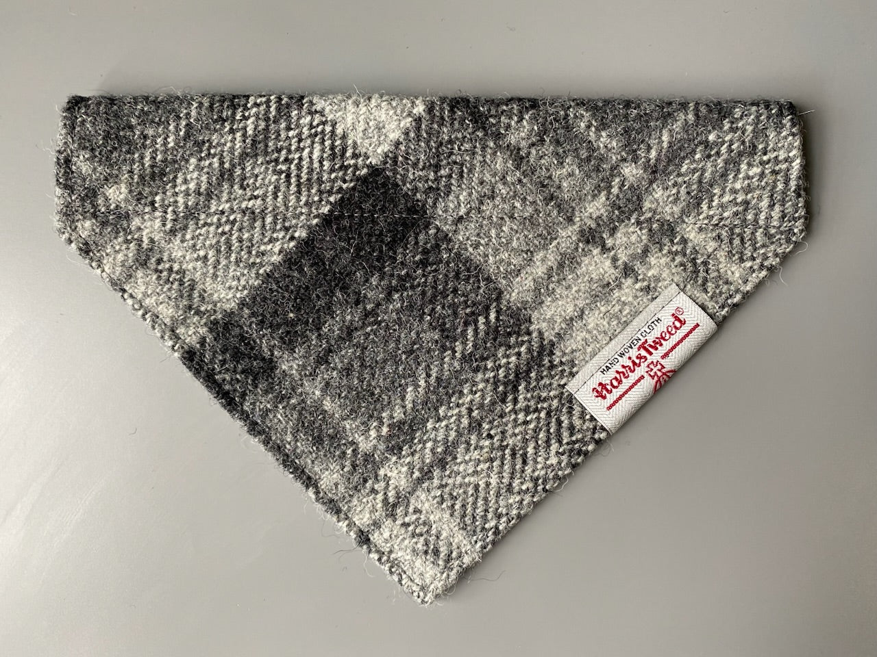 Harris Tweed dog bandana neckerchief in grey check tartan or plaid. Sizes S M L XL pet scarf