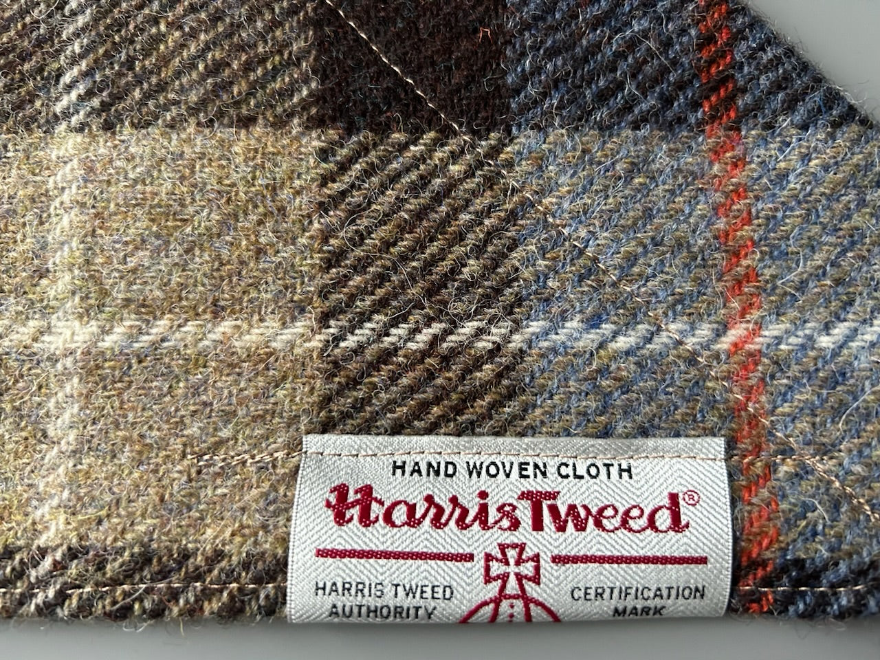 Harris Tweed dog bandana neckerchief in beige, blue & brown check tartan or plaid pattern. Sizes S, M, L + XL pet scarf