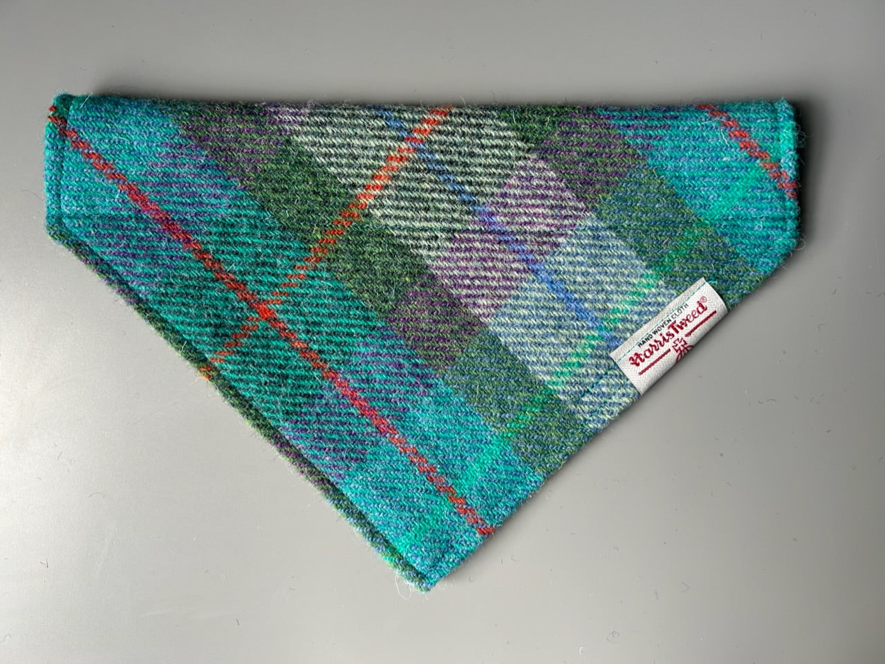 Harris Tweed dog bandana neckerchief in blue green and purple check / tartan Sizes S M L XL pet scarf