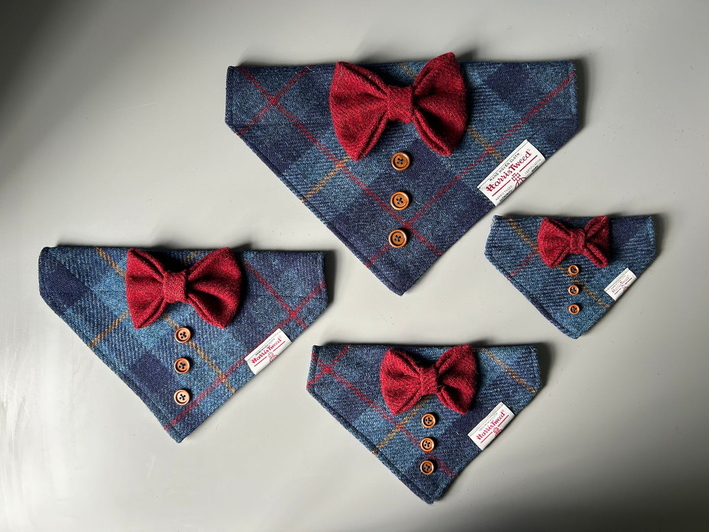 Harris Tweed wedding tux dog bandana neckerchief & bow navy blue and red