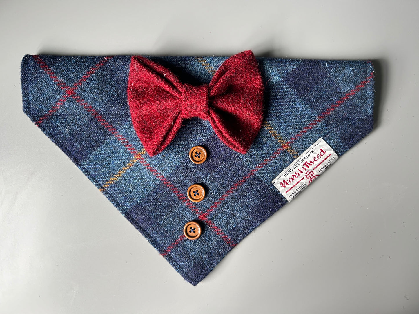 Harris Tweed wedding tux dog bandana neckerchief & bow navy blue and red