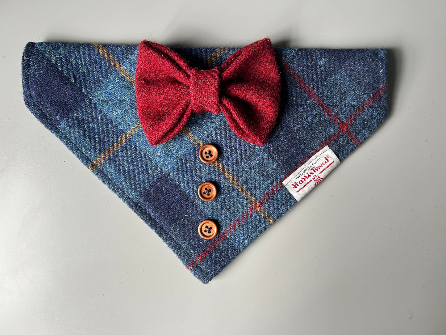 Harris Tweed wedding tux dog bandana neckerchief & bow navy blue and red