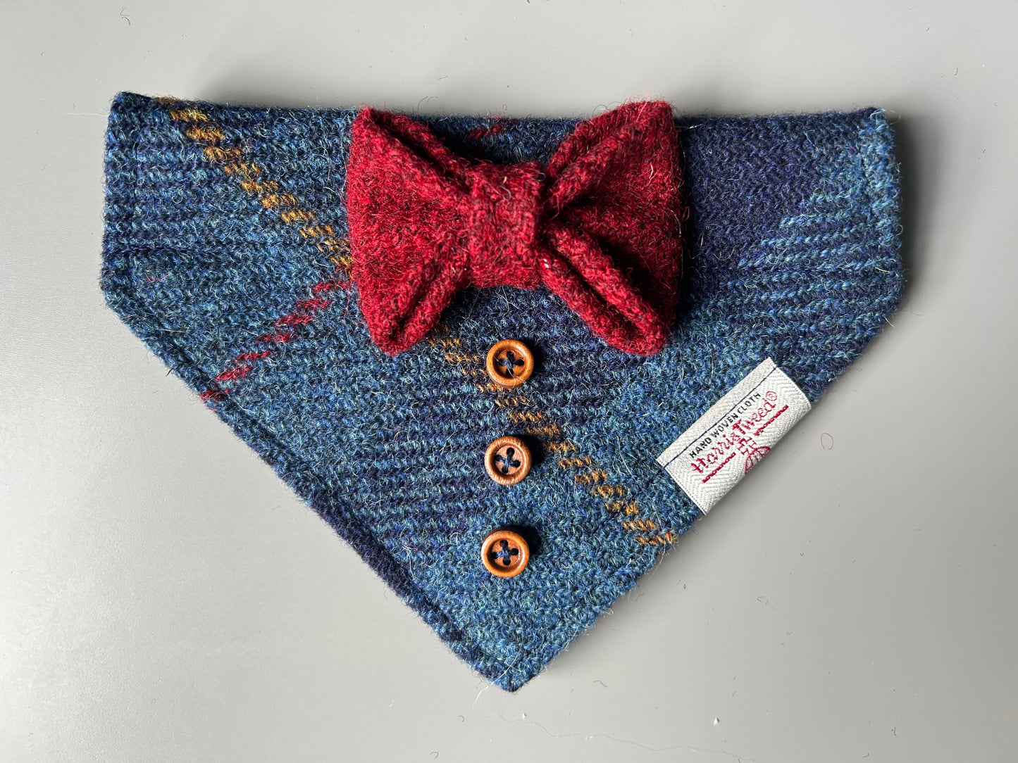 Harris Tweed wedding tux dog bandana neckerchief & bow navy blue and red