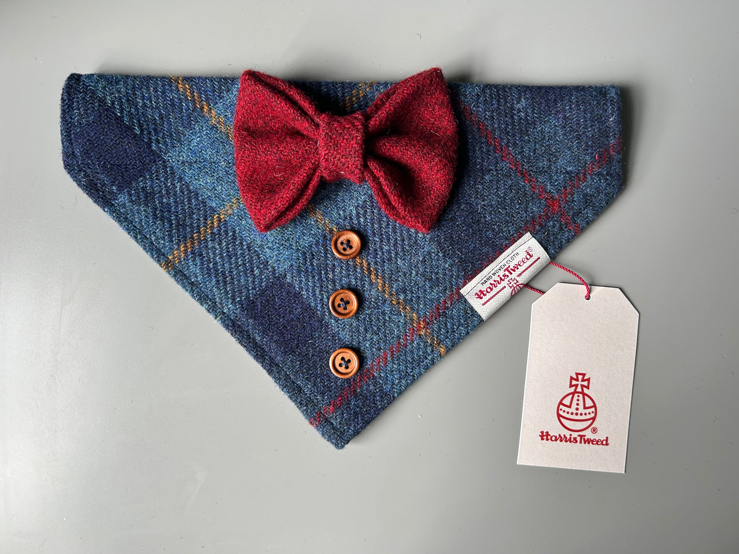 Harris Tweed wedding tux dog bandana neckerchief & bow navy blue and red